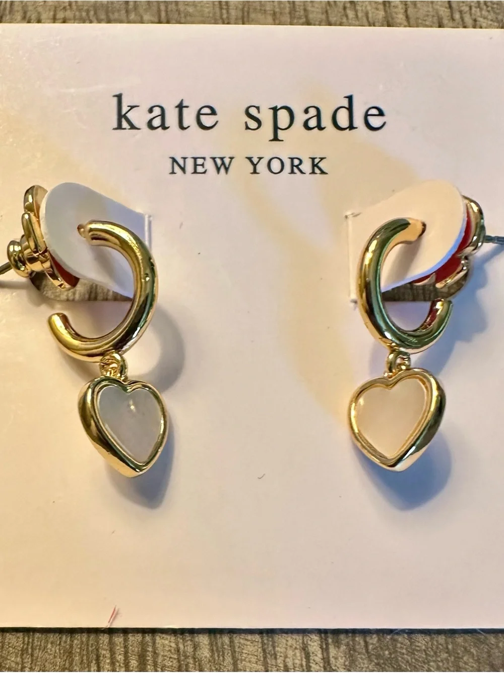 New Kate Spade flower mother-of-pearl heart drop huggie hoop earrings in Gold